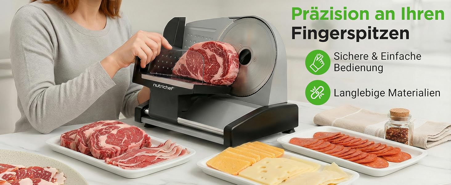 Електричний універсальний слайсер NutriChef 200W для хліба, м'яса, сиру та овочів, товщина нарізки 0–15 мм, ніж з нержавіючої сталі 19 см