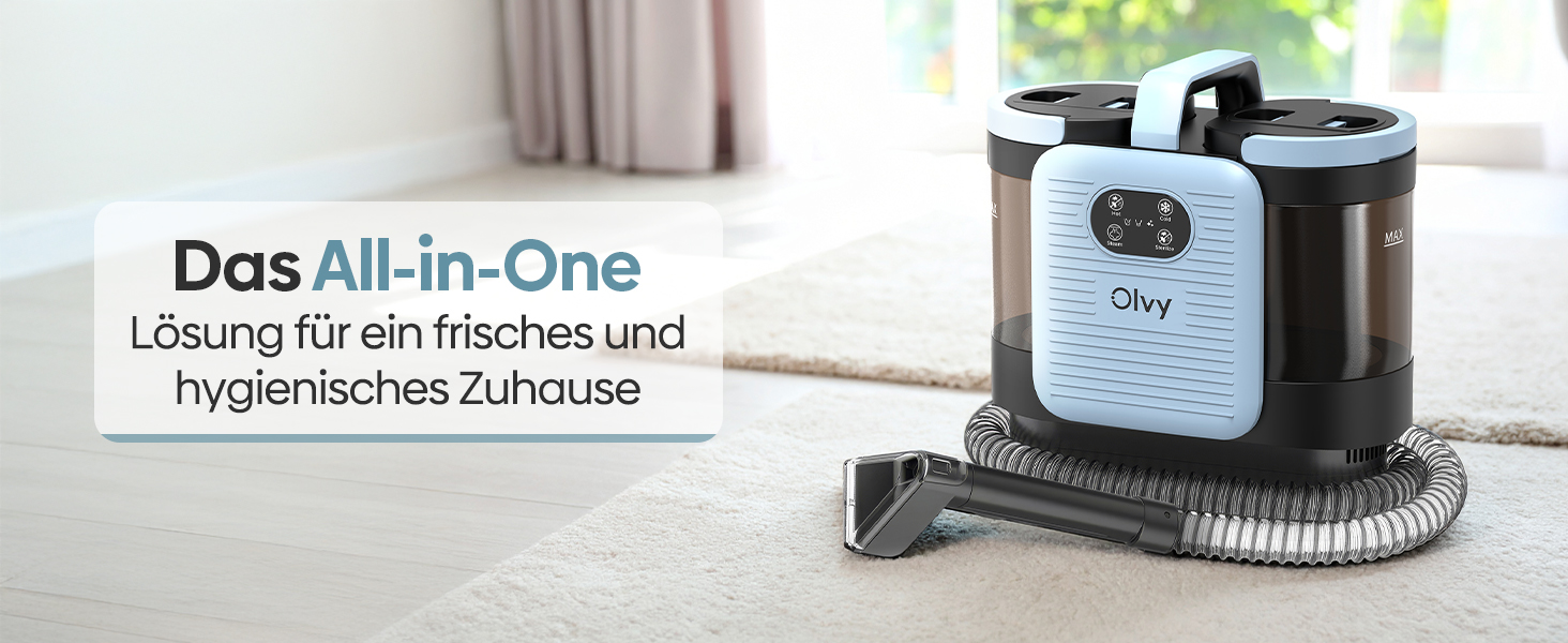 Olvy Teppichreiniger PRO: професійний пароочисник для килимів та м'яких меблів, 1650W. Включає миючий засіб. Підходить для чищення диванів, матраців та оббивки.