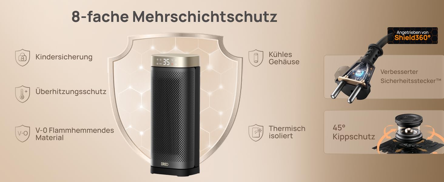 Електричний обігрівач DREO Solaris Slim H2, 2000W, керамічний, з термостатом, таймером, 3 режими, осциляція 70°, захист від перегріву та перекидання, золотий