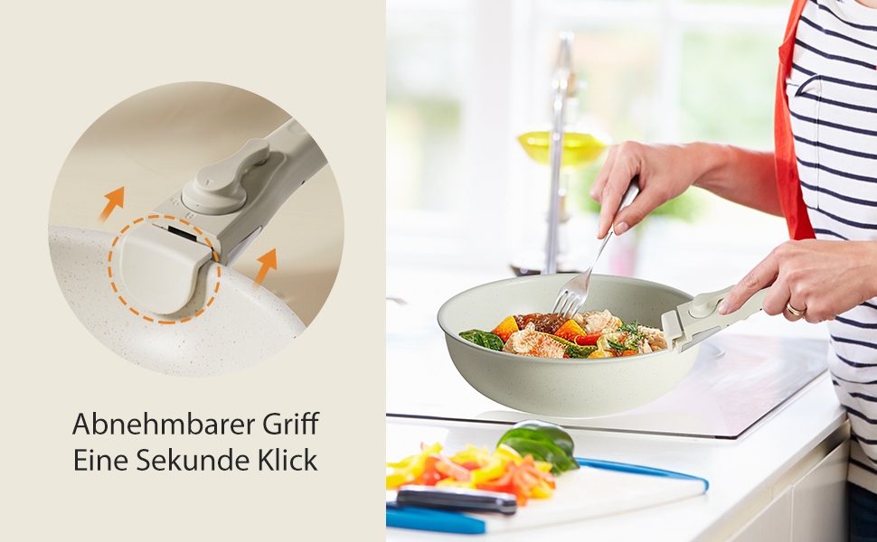 Набір посуду Sweetcrispy: 12 предметів (сковороди, каструлі) з антипригарним покриттям, для індукції та духовки, 20/26 см, 18/20 см, 26 см, знімні ручки, бежевий