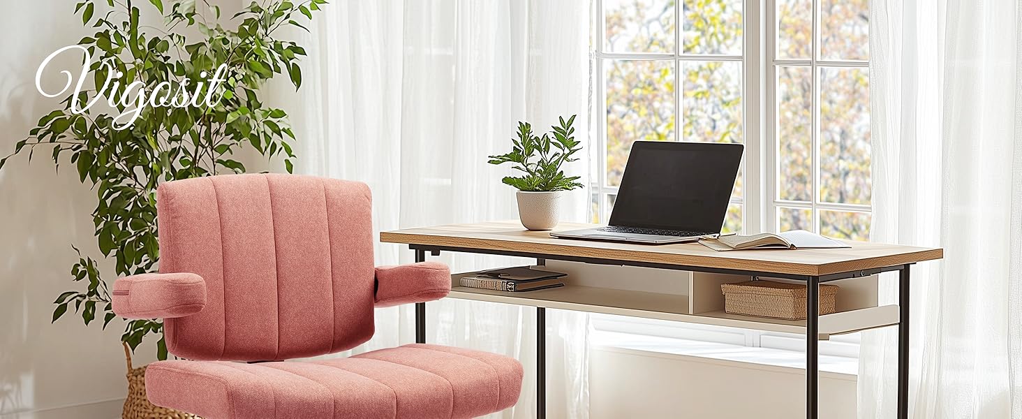 Крісло Vigosit Criss Cross з регульованими підлокітниками та колесами, антиковзаюча тканина, м'яке сидіння, поворотне, для дому, туалетного столика, офісу (Сірий/Рожевий)