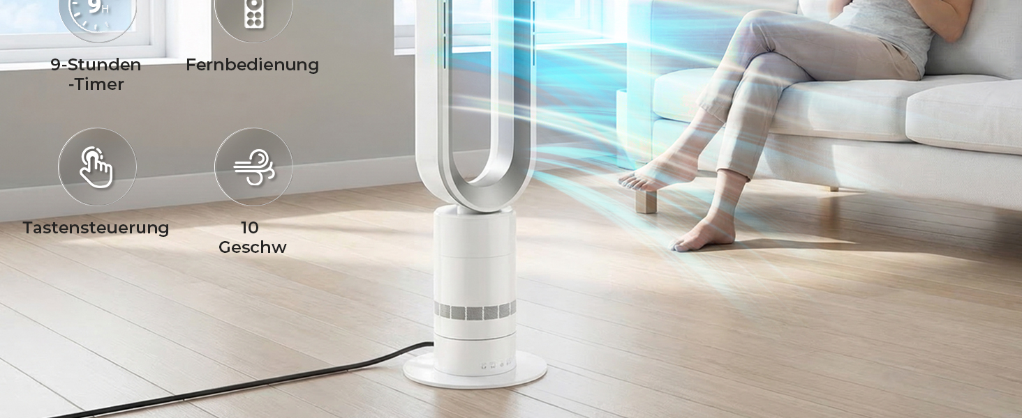 Безлопатевий вентилятор LIFERUN Tower Fan з пультом, 10 швидкостей, 71° поворот, таймер 9 год, тихий вентилятор для офісу/спальні, захист від дітей, LED-дисплей