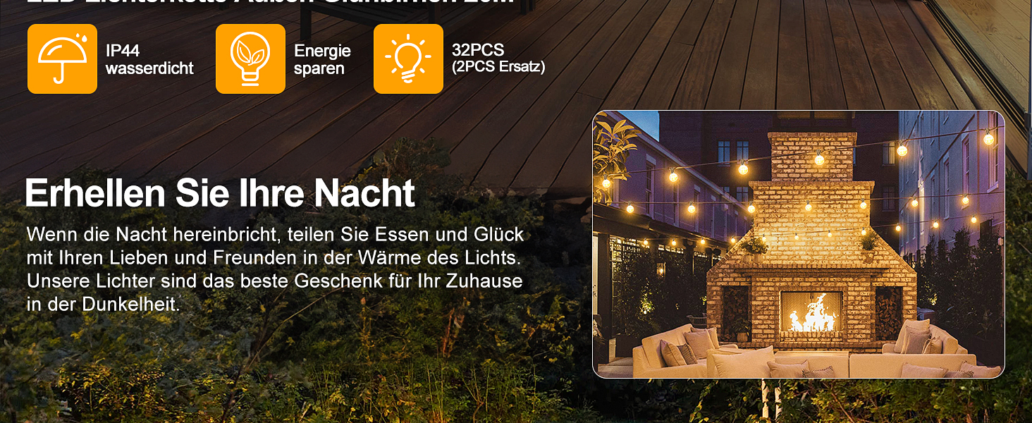 Світлодіодні ліхтарі на відкритому повітрі 20M - 65FT, 32 лампочки G40, IP44, з можливістю затемнення, теплий білий для саду та вечірок