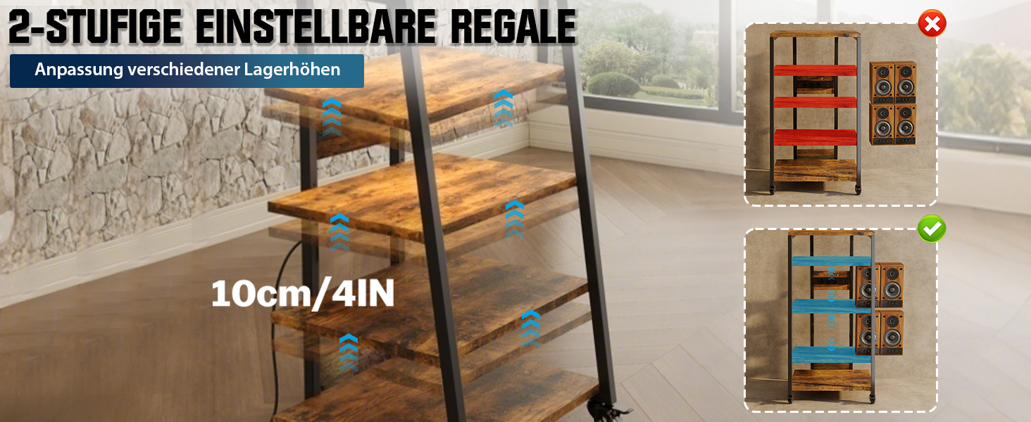 Стеллаж для Hi-Fi апаратури з коліщатками, стіл для програвачів з розетками, LED-підсвічуванням та регульованими полицями. Металевий стійка для аудіо- та стереосистем, 60 x 52 x 110 см