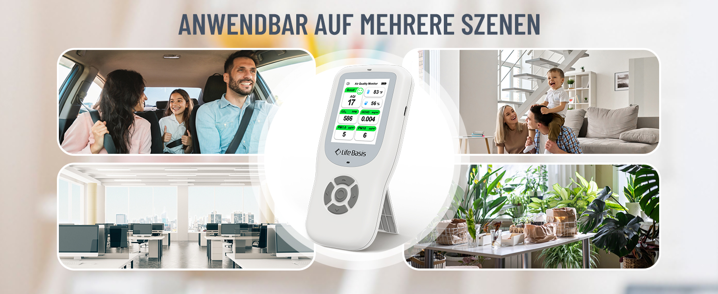 Детектор якості повітря LifeBasis 10 в 1: Формальдегід, AQI, PM2.5, PM10, HCHO, TVOC, CO2, Температура, Вологість. USB-зарядка для дому та офісу