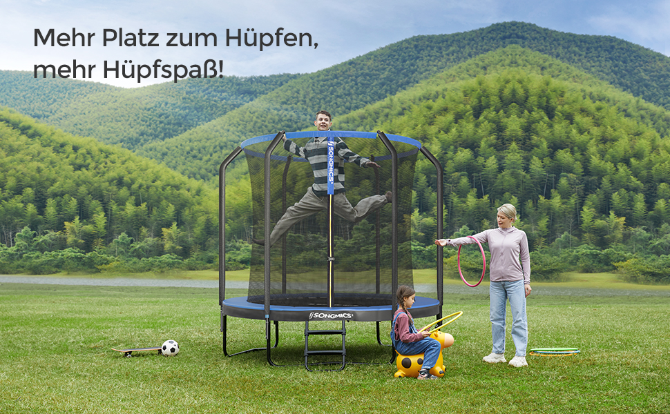 Батут SONGMICS садовий Ø244/305/366/427 см з захисною сіткою, драбиною та м'яким покриттям (244 см, Чорний + Темно-синій)