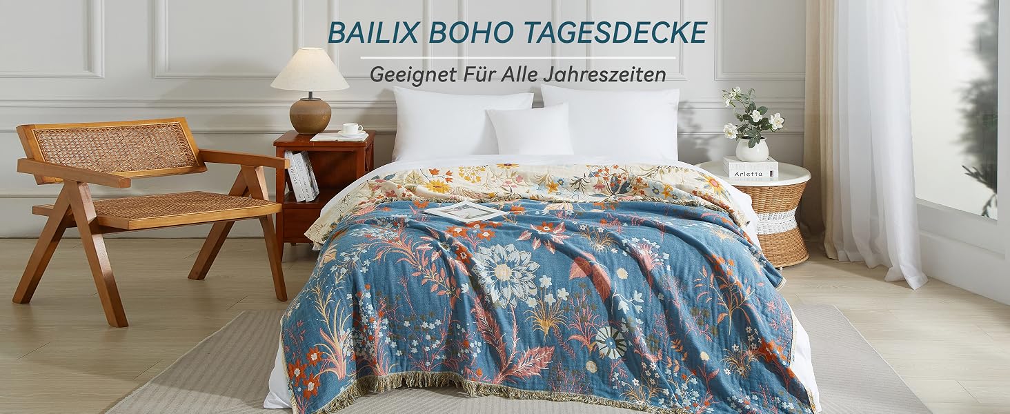 Покривало Bailix Premium Boho з 100% бавовни, двостороння муслінова ковдра з бахромою 150x200 см, декоративний плед для дивана та ліжка, синій/бежевий, принт Blumengarten