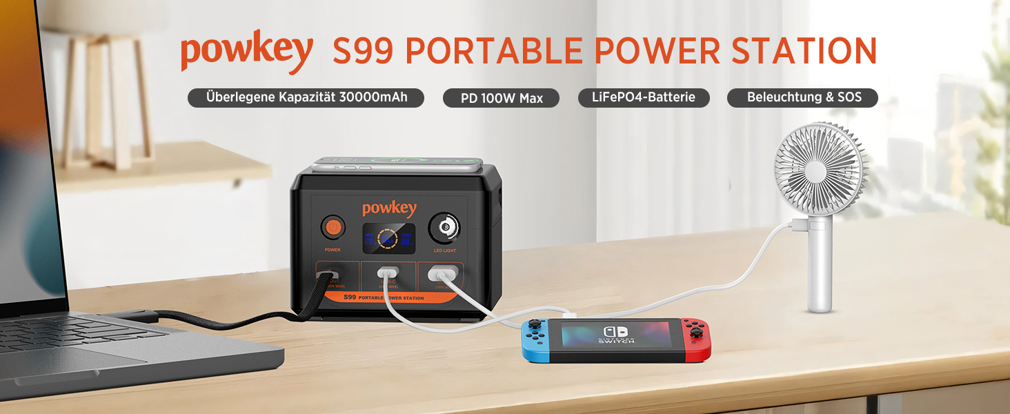Портативна електростанція POWKEY 30000mAh з LiFePO4 акумулятором, 100W USB-C, LED-ліхтар для ноутбуків, iPhone, MacBook, Samsung та інших пристроїв