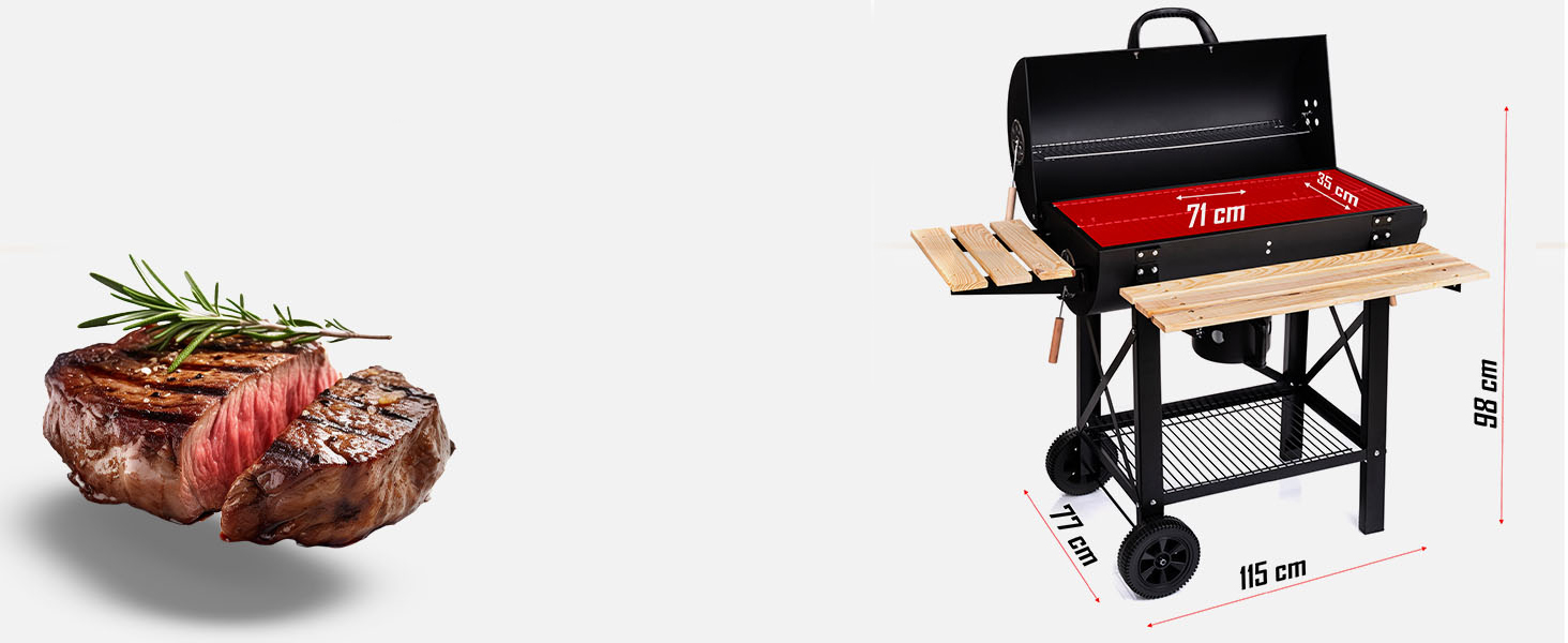 Дров'яний мангал Lehmann з решіткою-грилем XL, візком для дров, 2 полицями, кришкою, колесами та зручною ручкою. Ідеальний для саду, тераси, кемпінгу.