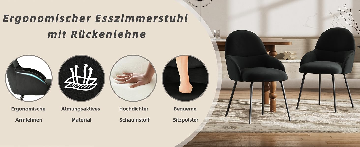 Набір обідніх стільців з підлокітниками – 4 шт. Ергономічні м'які стільці з тканинним покриттям та металевими ніжками для кухні, вітальні, їдальні, бежевий/чорний (велюр)