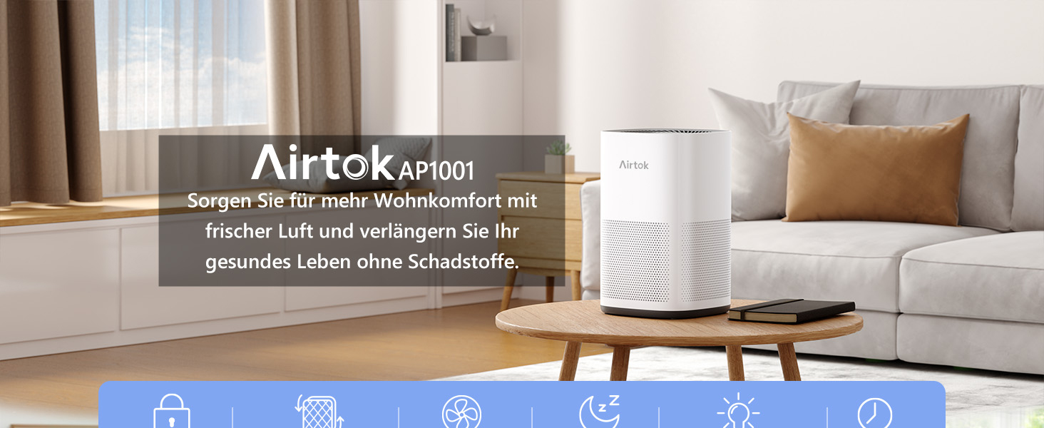 Очищувач повітря AIRTOK AP1001 з HEPA H13 фільтром для приміщень до 92 м², від алергенів, пилу та запахів, з нічником, таймером та захистом від дітей, 24дБ, CADR 230 м³/год