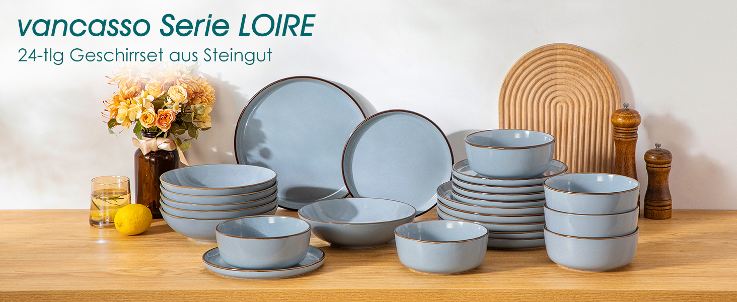 Набір посуду Steingut vancasso LOIRE 24тг. для 6 осіб: тарілки, супові тарілки, десертні тарілки, миски. Сучасний блакитний дизайн, безпечний для мікрохвильовки та посудомийної машини.