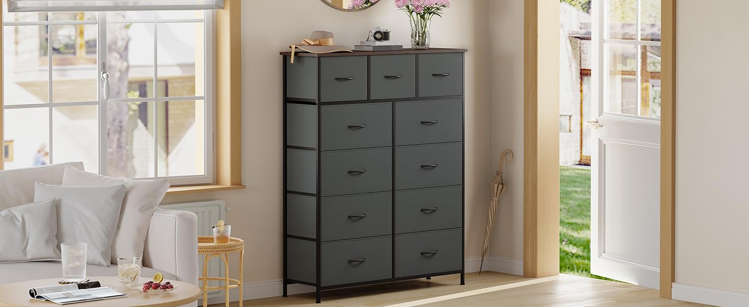 Комод з шухлядами Somdot, тканинний комод, комод для спальні, вітальні, передпокою, 5/11 шухляд, білий, штучна шкіра (кольори: котравий сірий, 30T x 100B x 118.5H см)