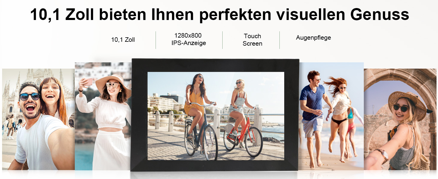 Цифровий фоторамка Veidoo 10.1 дюйма, IPS-сенсорний екран 1280x800, 32GB, для сімейних фото, з Wi-Fi, Frameo App (Чорний)