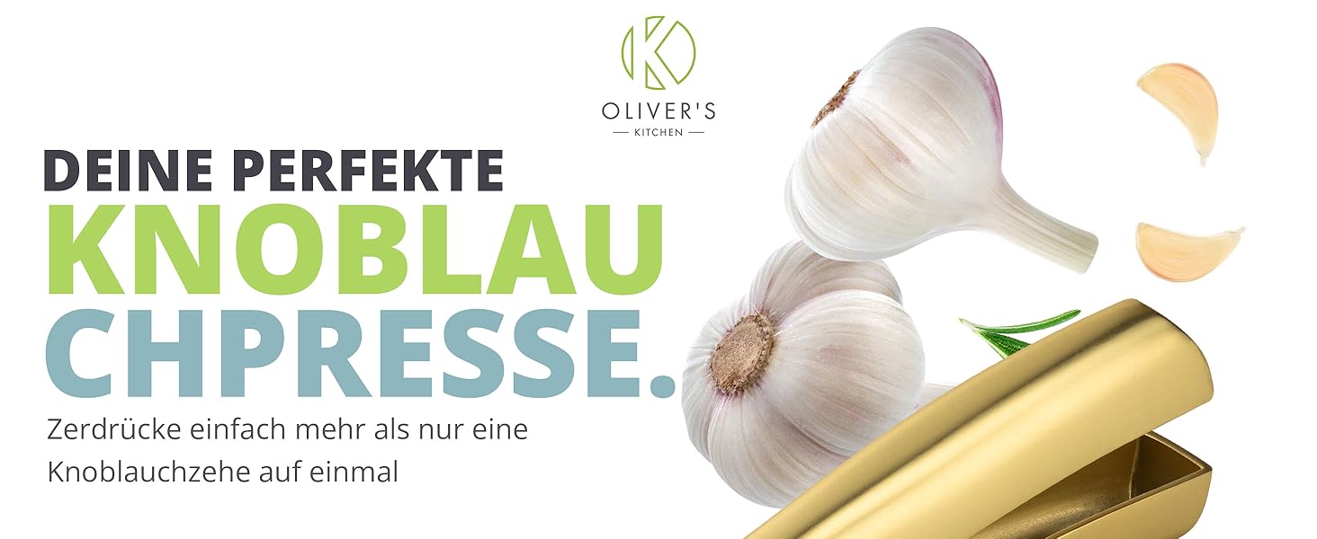 Преміум-прес для часнику Oliver's Kitchen® - зручний та легко миється - подрібнює часник та імбир без проблем (не потребує очищення) - надзвичайно міцний та зносостійкий (матова золота поверхня)