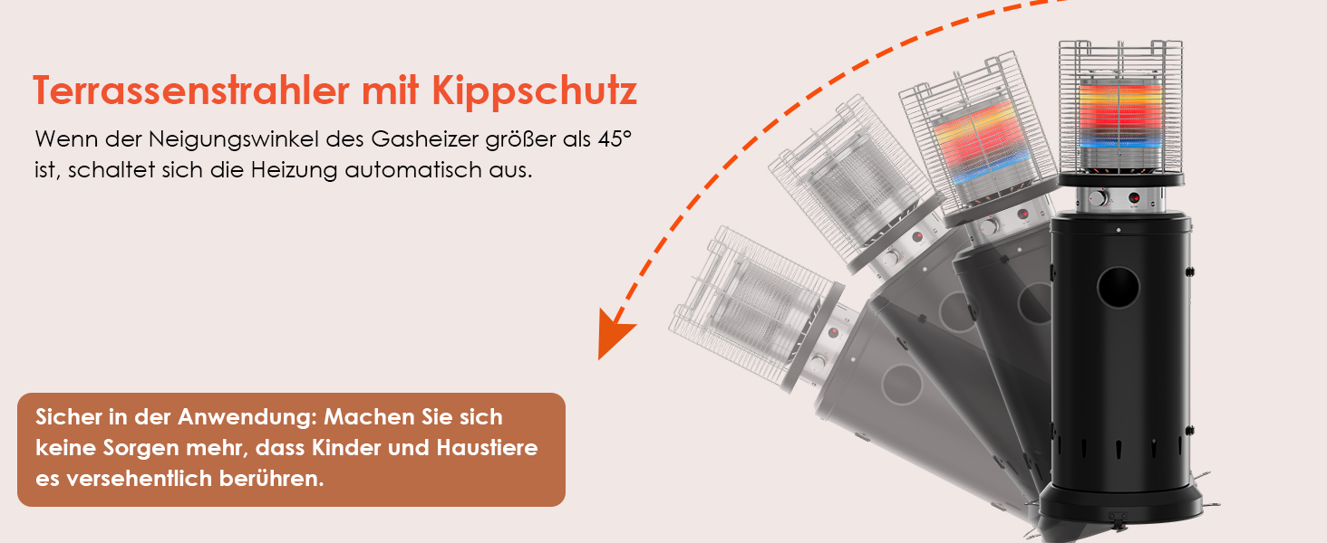 Газовий обігрівач для тераси TLSUNNY з захисною кришкою, на колесах, з піроелектричним запалом, чорний (Газовий балон не входить у комплект)