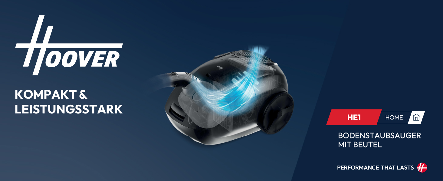 Пилголом Hoover HE2 Kompakt: потужний пилосос з мішком для твердих поверхонь та килимів, фільтр EPA, 3.5 л контейнер, аксесуари, 850 Вт, радіус дії 10 м [HE2Z10A]