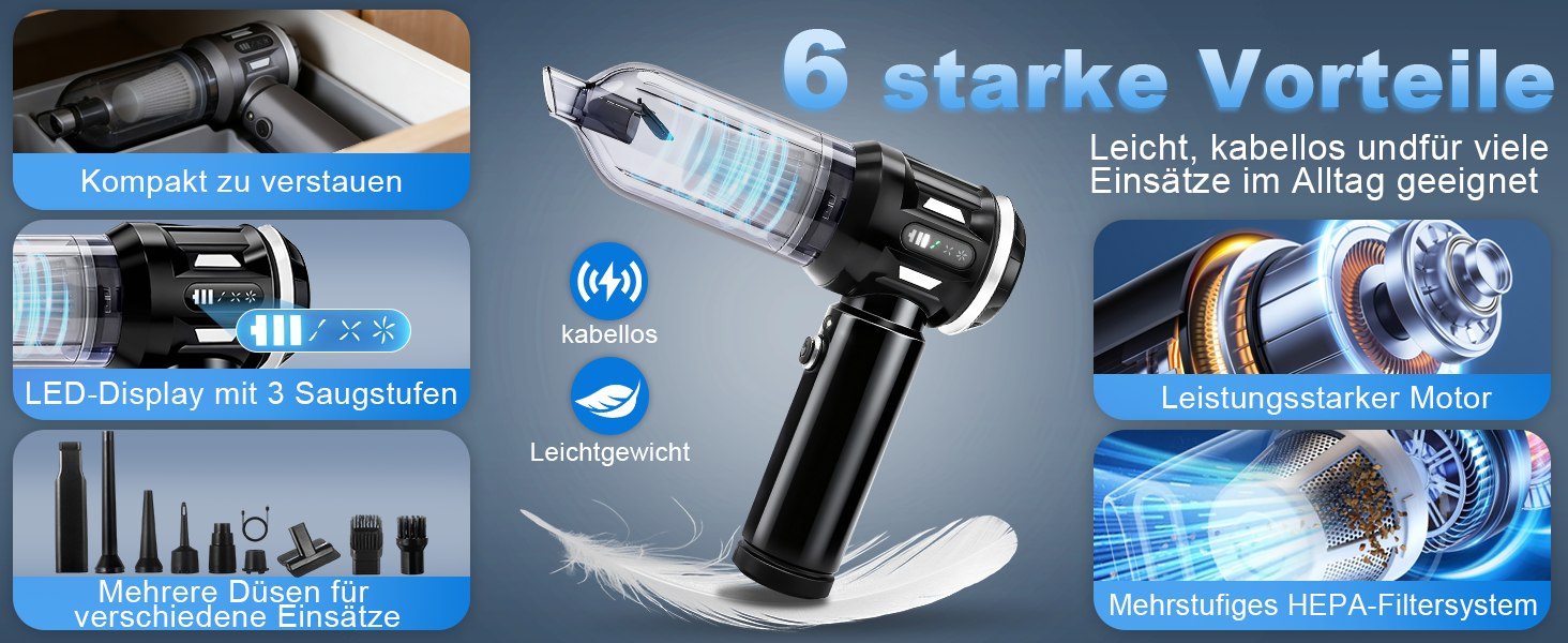 Акумуляторний ручний пилосос Citybee 4 в 1, бездротовий міні-пилосос для авто та дому, 25000Па, безщітковий двигун, 3 режими потужності, для шерсті тварин (чорний)