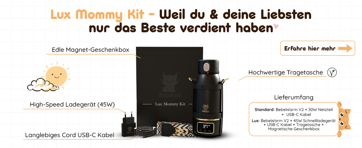 Підігрівач для дитячих пляшечок BEBELUX LUX MOM KIT – Електричний, USB-C, 36W, BPA-free, з терморегулятором, акумуляторний (Чорний)