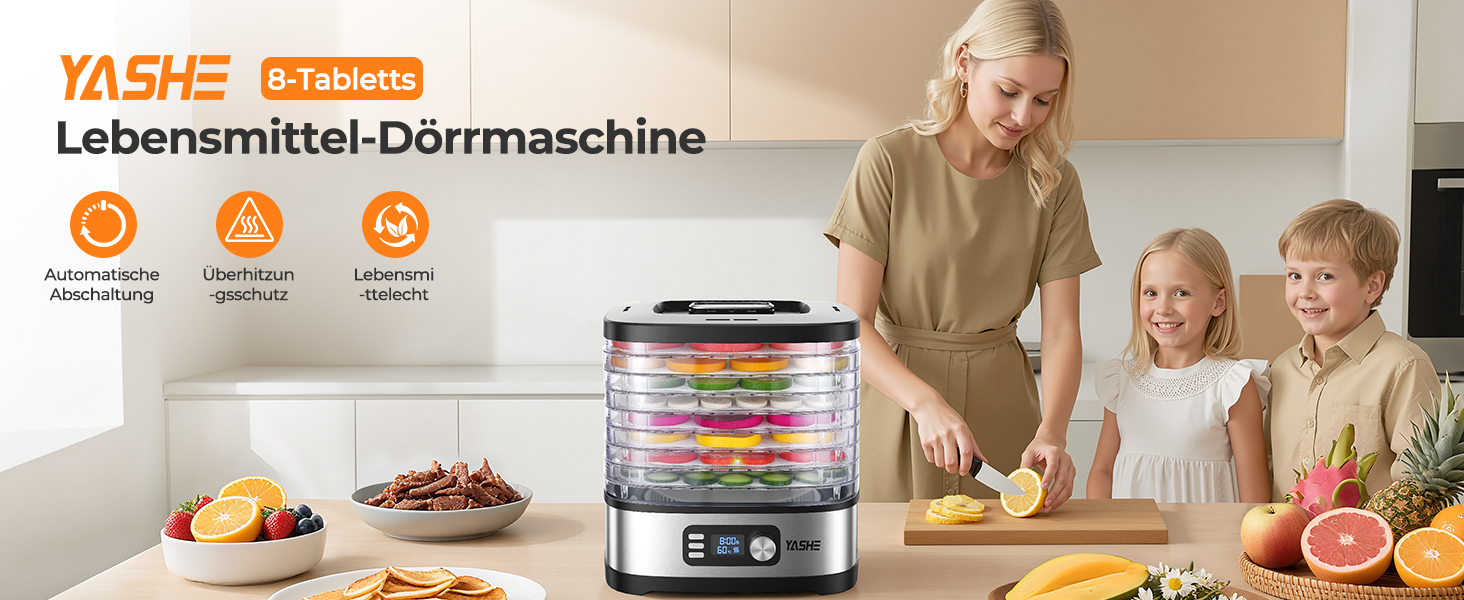 Сушарка для продуктів YASHE 8-ярусна, з регулюванням часу та температури до 72 год, з сітчастими вставками, роликом для фруктів та щипцями з нержавіючої сталі для м'яса, фруктів, овочів, трав, без BPA
