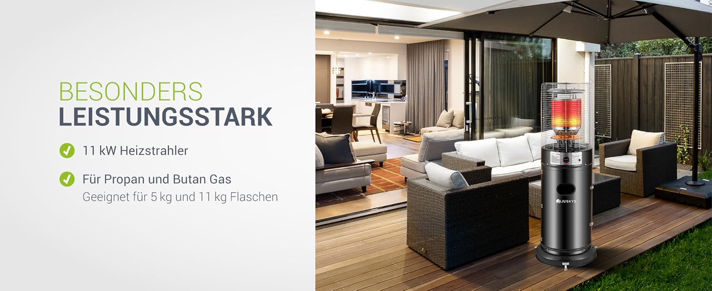 Газовий обігрівач для тераси Juskys® Cuna 11 кВт - обігрівач для тераси, балкону та саду - сумісний з 5 та 11 кг газовими балонами (Газовий балон не входить у комплект)