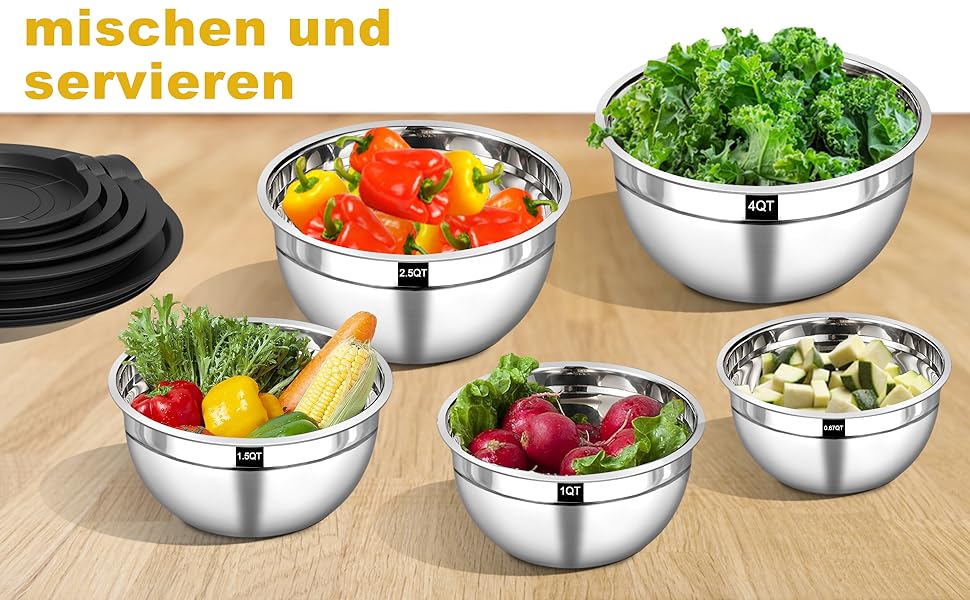 Набір мисок для перемішування 5 шт. з нержавіючої сталі, набір салатників з герметичними кришками, 3 насадки-тертки, об'єм 4.5L, 2.7L, 1.6L, 1.1L, 0.7L, скляні, розбірні, можна мити в посудомийній машині