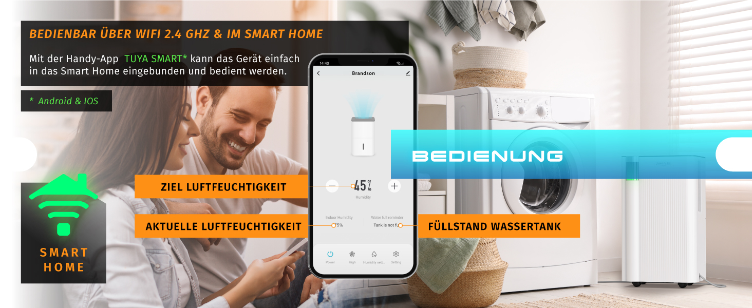 Електричний осушувач повітря Brandson з компресором, 12 літрів, Wi-Fi, з таймером, функцією відтавання, білий