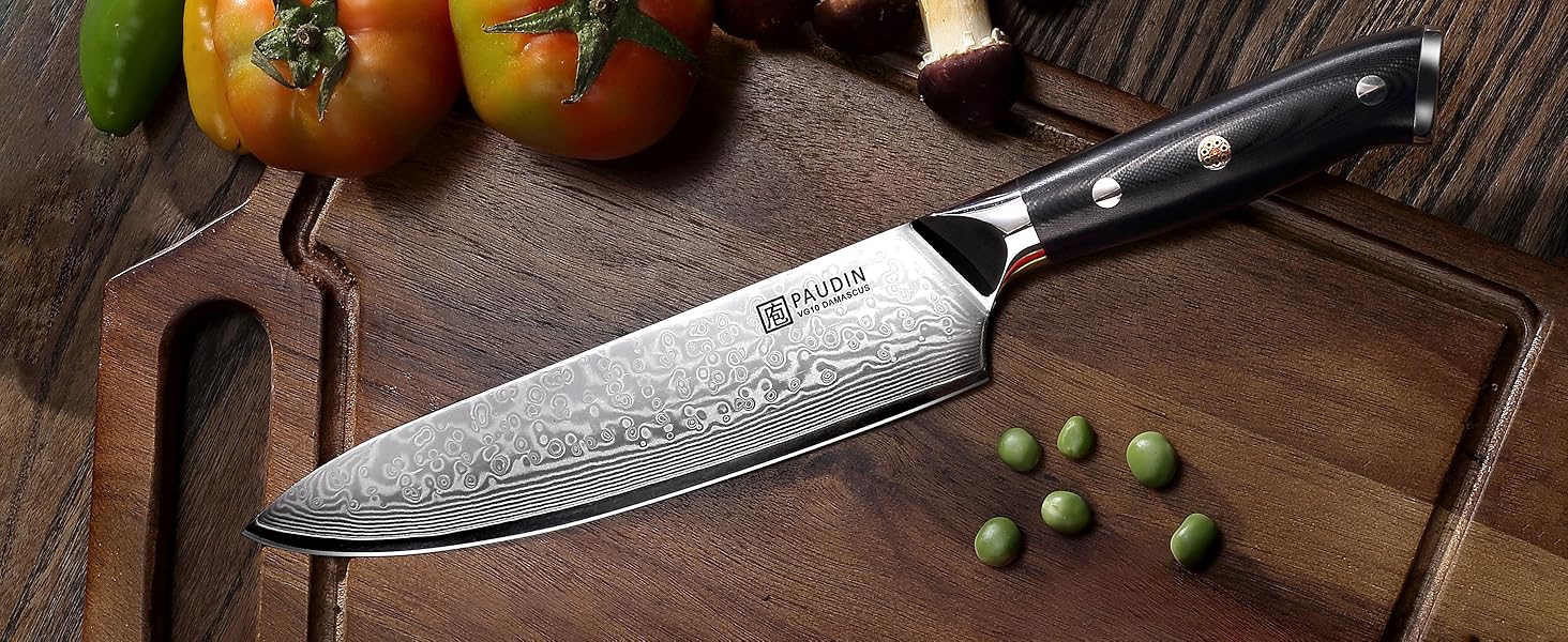 PAUDIN Profi: Ніж кухонний з лезом з нержавіючої сталі, 20 см, Дамаск, Ергономічна ручка, для професійних та аматорських кухарів, подарунок