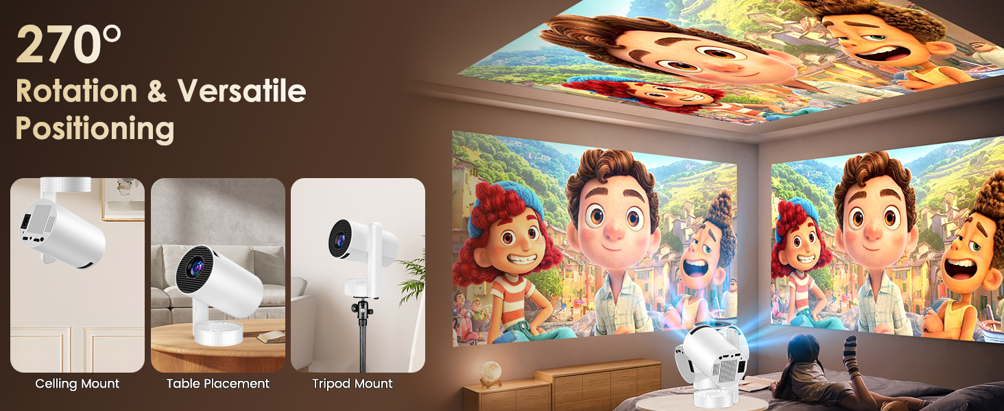 Портативний проєктор Mini Beamer 4K/1080p з Wi-Fi 6, Bluetooth 5.4, Android 13.0. Короткий фокус, поворот 270°, авто-корекція трапецеїдальних спотворень. Підтримка HDMI, TV Stick, Laptop, Memory Stick