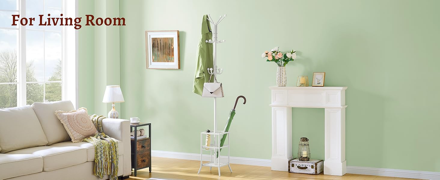 Настінна вішалка для одягу FAVOOSTY з підставкою для парасольки, 12 гачків, стійка для пальто, вішалка для одягу в вітальню, спальню, срібна (білий)