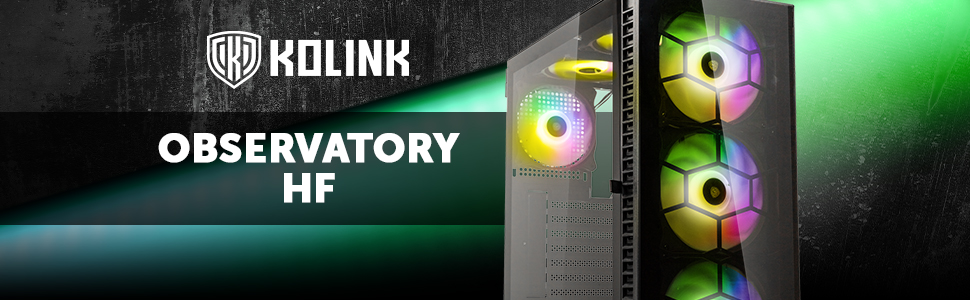Корпус для ПК Kolink Observatory HF, скляна передня панель, шість ARGB-вентиляторів, підтримка відеокарт до 330 мм, ATX, сталь, Mid-Tower, чорний