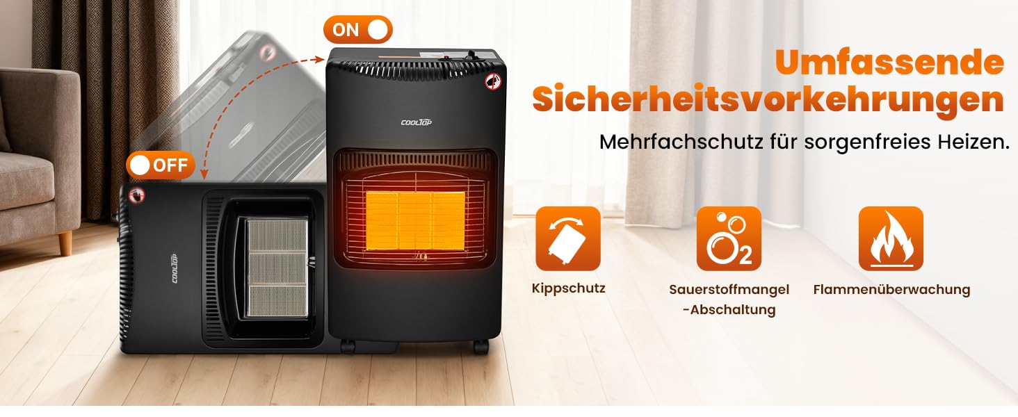 Газовий обігрівач Cooltop 4200W з керамічним нагрівачем, для дому, на бутан/пропан, без балончика, з регулятором та шлангом (чорний)