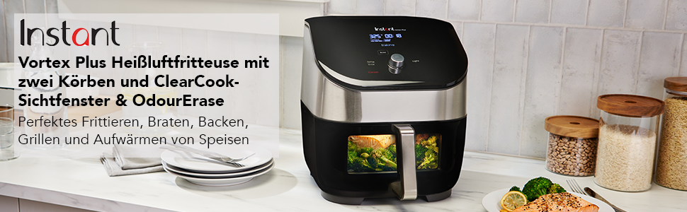 Подвійний кошик Instant Vortex Plus із ClearCook - цифрова фритюрниця 7,6 л, чорний, розумні програми 8-в-1, випікання, смаження, гриль, зневоднення, розігрівання, XL Потужність -1700 Вт, чорний - 7,6 л