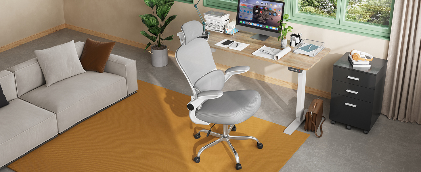 Офісне крісло Devaise Ergonomічне, з підтримкою попереку, 3D-підголівник, регульовані підлокітники, дихаюча сітка спинки, функція гойдання, для офісу та дому, до 150 кг, сірого кольору