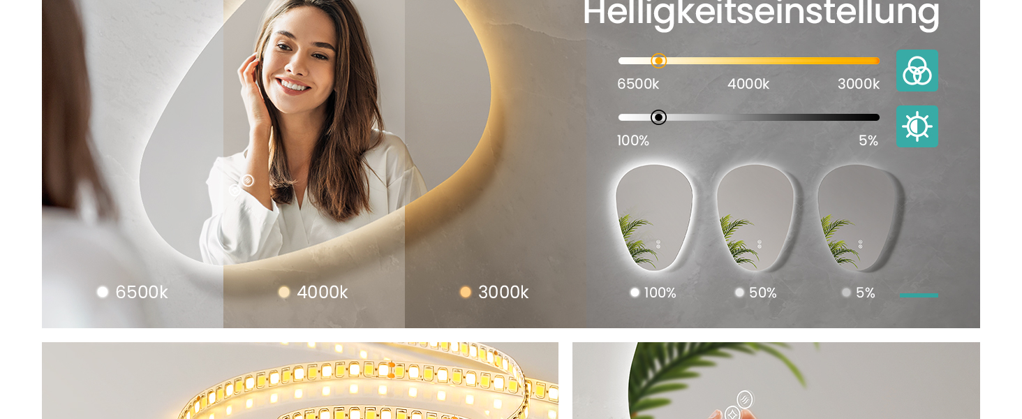 Дзеркало для ванної кімнати EMKE з підсвічуванням 80x60 см, з полицею, антизапар, регульоване холодне біле світло 6500K, сенсорне управління, функція пам'яті, асиметричне дзеркало для ванної кімнати (70L x 50B см)