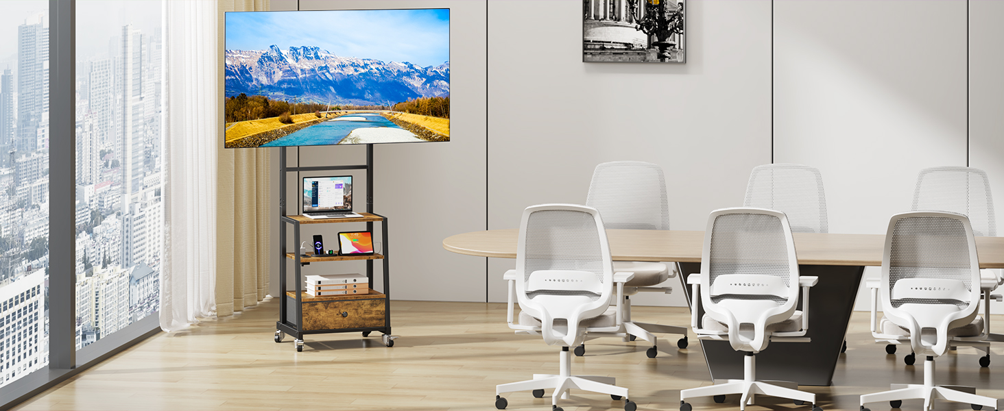 Тумба для телевізора на колесах з ящиком, для телевізорів 32-75 дюймів, регульована, з розеткою, коричнева, 140 см