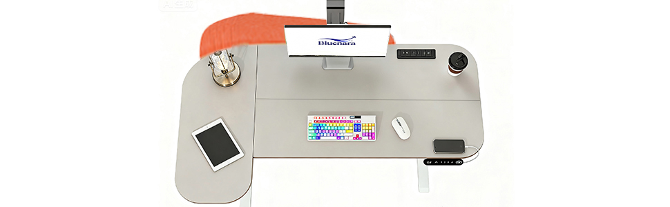 Електричний кутовий стіл з регулюванням висоти 150 см, L-подібний, з 4-ма пам'ятями, з'єднувальна панель, для дому та офісу (150x68 см, темно-коричневий-помаранчевий)