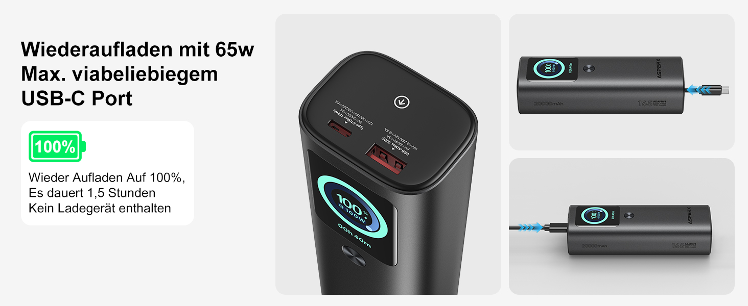 Power Bank AsperX 20000mAh, 165W, 2x USB-C (100W), для ноутбуків, iPhone, MacBook, Samsung, вбудований кабель 60см, TFT-дисплей