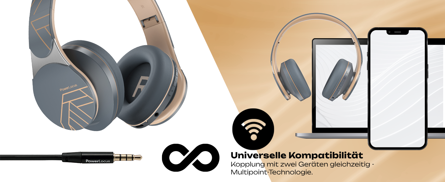 Накладні навушники PowerLocus Bluetooth, Hi-Fi стерео, Мікрофон, Складні, Асфальтово-сірий