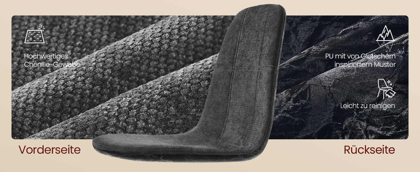 Набір з 2-х обідніх стільців VASAGLE, сірий, з м'яким сидінням, металеві ніжки, регульовані, з тканини Chenille, PU з малюнком, легкий у догляді