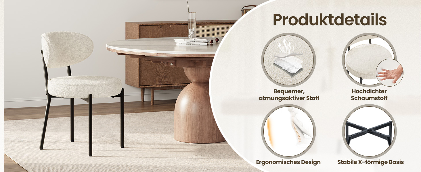 COLAMY Комплект обідніх стільців 4 шт. з м'яким сидінням 10 см – Сучасні м'які стільці з плюшевої тканини Teddy, з міцним металевим каркасом – Для кухні та вітальні, Білий. Комплект 4 шт.