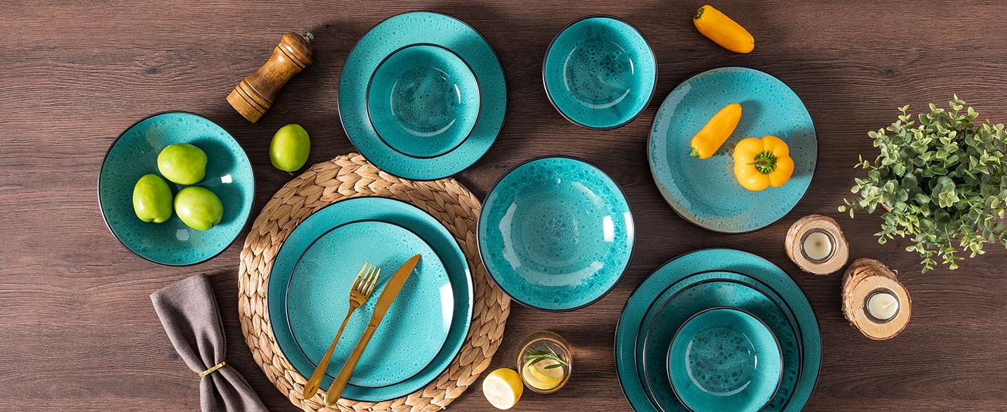 Набір посуду Bubble 6 осіб, 24 шт. з кераміки, зелений: тарілки та миски, мікрохвильова піч
