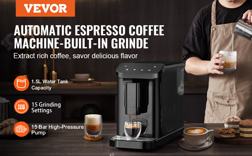Автоматична кавомашина VEVOR CM9002E-GS з вбудованою кавомолкою, 15 ступенів помелу, об'єм резервуару для води 1,5 л, ємність для зерен 180 г