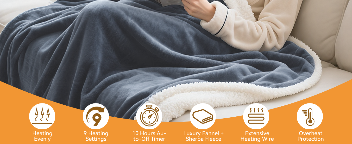 Електрична гріюча ковдра з автовимкненням 160x130 см, 9 температурних режимів, таймер, LED-дисплей, пральна, для софи, ліжка, офісу, подарунок, сірий колір
