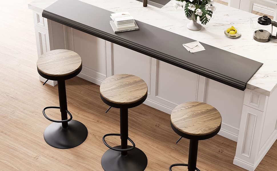 Барні стільці Kidol & Shellder 2 шт. Регульована висота, поворотні на 360°, кругла дерев'яна стільниця на металевому каркасі, чорний колір. Підходять для кухні, бару, вітальні.