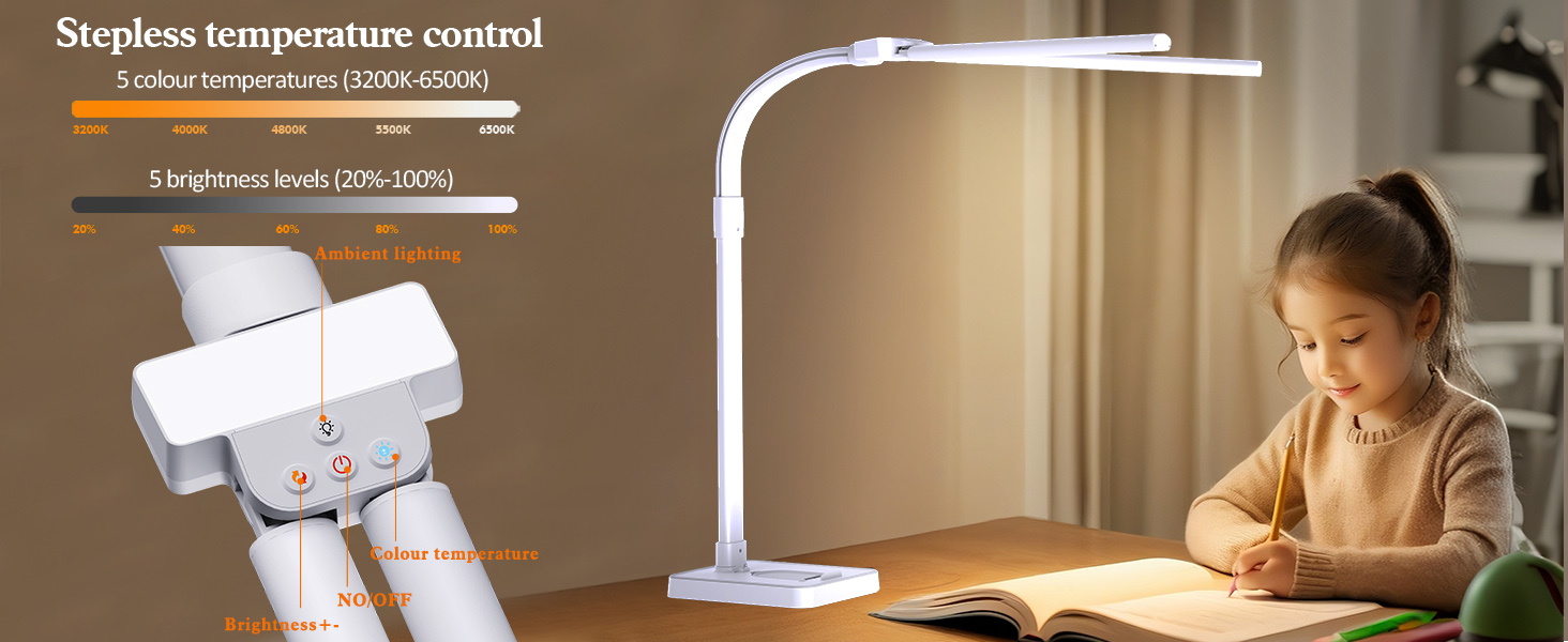 LED настільна лампа LOTTBUTY з диммуванням, 24W, 80см, для офісу та дому, з гнушим шийкою та тримачем для телефону (біла)