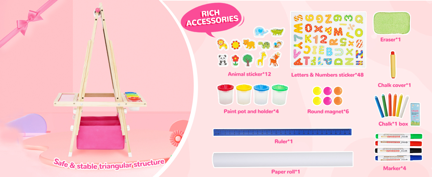 Дерев'яна мольберт Kinder Tafel з паперовою рулонкою, регульована висота, рожевий колір, двосторонній (whiteboard та дошка)