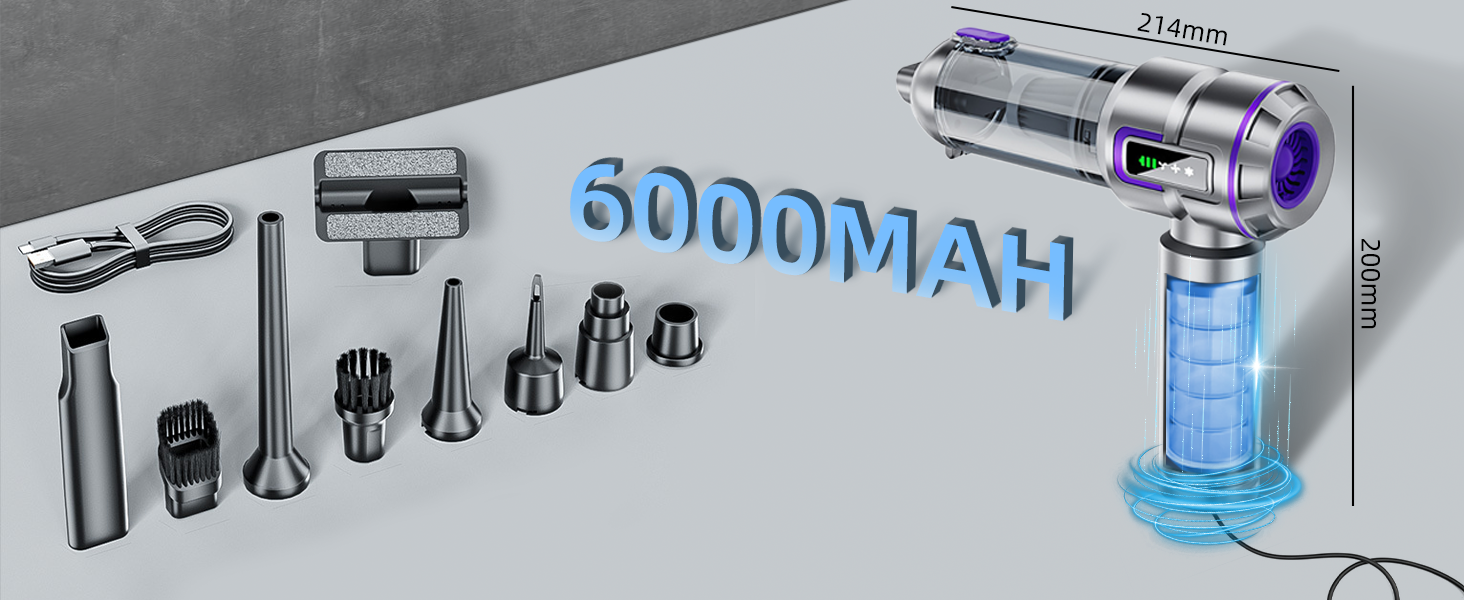 Акумуляторний ручний пилосмок 25000Па 100W з безщітковим двигуном, функцією видування та всмоктування, 6000mAh, 3 режими роботи, для авто, дому та офісу