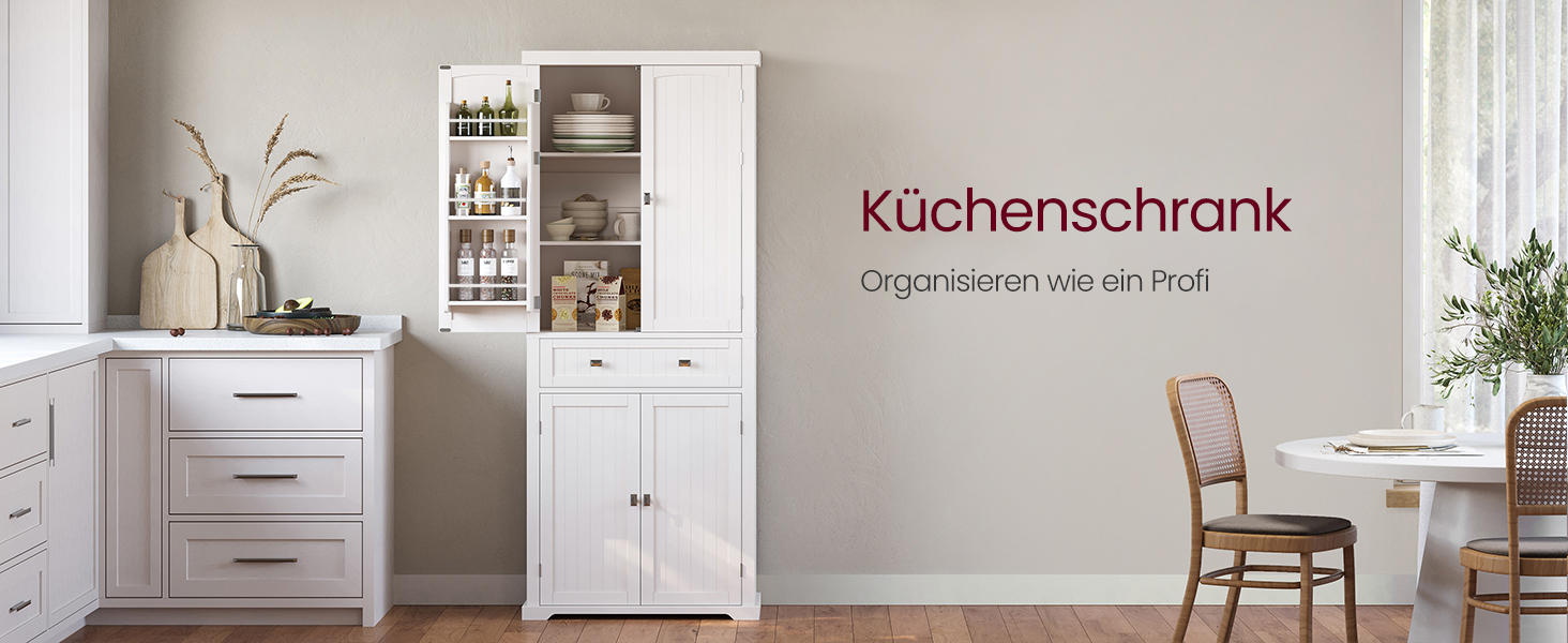 Шафа кухонна VASAGLE, висока, буфет-вітрина, з регульованими полицями, з ящиками, для кухні/вітальні, 40 x 76 x 182,1 см, білий BBC561W21