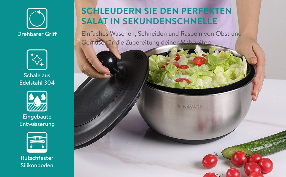 Salatschleuder Navaris з нержавіючої сталі: сушарка для салату з кришкою та ситом - сушарка для салатів